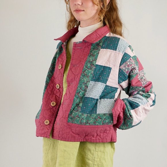 Hand Made Patchwork Quilt Jacket in Pink and Green - Picture 3 of 7
